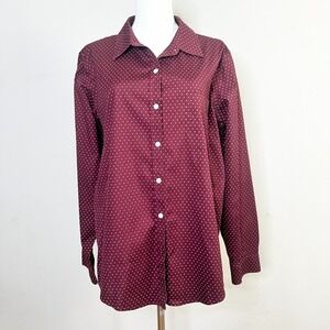 LL Bean XL Burgundy Heart Chevron Wrinkle Free 100% Cotton Button Front Shirt
